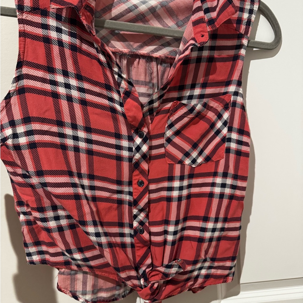 Red Plaid Sleeveless Button-Up Shirt